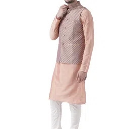 KISAH Men Peach & Mauve Jacquard Banarasi Kurta with Churidar & Nehru Jacket image 5