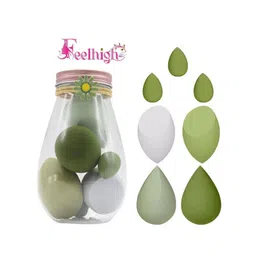 FEELHIGH Set of 7 Beauty Blenders Makeup Sponges with Storage Jar - Green & White-9