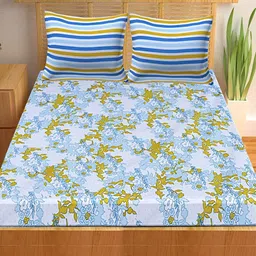Kuber Industries White & Blue Floral 300 TC Queen Bedsheet with 2 Pillow Covers-image-30