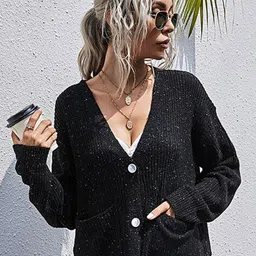 StyleCast Black Cable Knit Ribbed Drop Shoulder Sleeves Cardigan Sweater-16