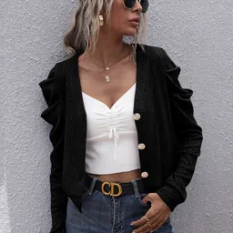 StyleCast Black Ribbed Shawl Collar Leg of Mutton Sleeves Cardigan-8