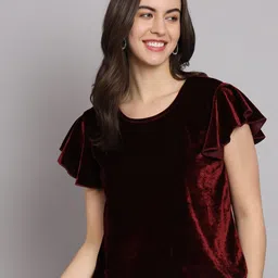 VAARARO Round Neck Flutter Sleeves Gathered Velvet Blouson Top-image-28