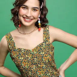 KETCH Floral Printed Shoulder Straps Sleeveless Smocked Crop Top-image-4