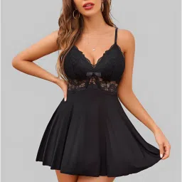 BROIDEN Women Black Self Design Shoulder Straps Baby Doll-picture-0