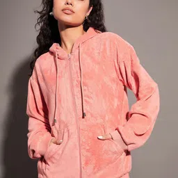 SASSAFRAS Peach-Coloured Hooded Faux Fur Trim Detailed Bomber Jacket-46