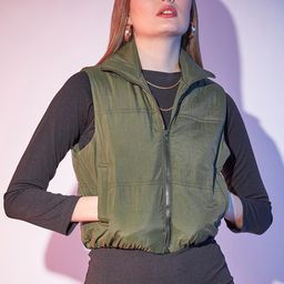 STREET 9 Olive Green Stand Collar Sleeveless Lightweight Crop Bomber Jacket-image-86