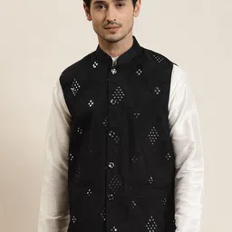 SOJANYA Men Black Mirror Work Nehru Jacket-37
