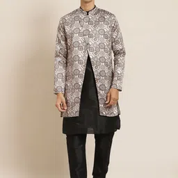 SOJANYA Men Black Solid Kurta with Churidar & Printed Jacket-picture-39