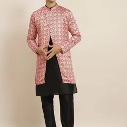 SOJANYA Men Black Solid Kurta with Churidar & Printed Jacket-picture-48