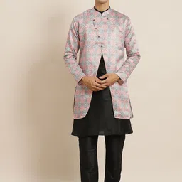 SOJANYA Men Black Solid Kurta with Churidar & Printed Jacket-image-89