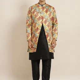 SOJANYA Men Black Solid Kurta with Churidar & Printed Jacket-43