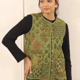 SANSKRUTIHOMES Olive Green Ethnic Motifs Printed Lightweight Quilted Jacket-picture-50