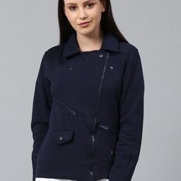Campus Sutra Women Navy Blue Windcheater Tailored Jacket-image-37