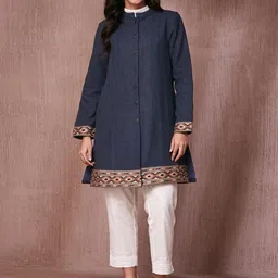 Fabindia Women Mandarin Collar Solid Woollen Casual Tailored Jacket-image-88