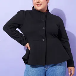 SASSAFRAS Curve Plus Size Black Mandarin Collar Tailored Jacket-13