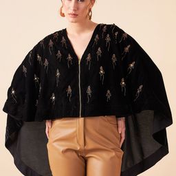 Antheaa Self Design Collarless Cap Sleeve Sequined Velvet Cape Jacket-0
