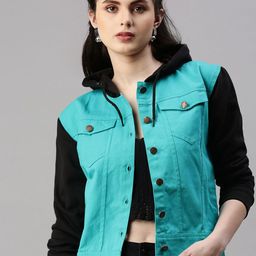 VOXATI Colourblocked Hooded Crop Denim Jacket-image-54