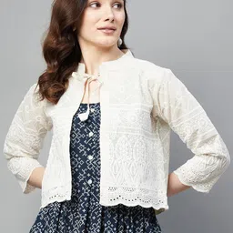 BAESD Self Design Floral Embroidered Mandarin Collar Cotton Crop Ethnic Tailored Jacket-5