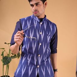 SHIWAM ETHNIX Ikat Printed Cotton Nehru Jacket-27