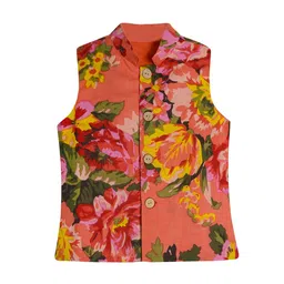A.T.U.N. Boys Peach-Coloured & Yellow Floral Printed Pure Cotton Nehru Jacket-1