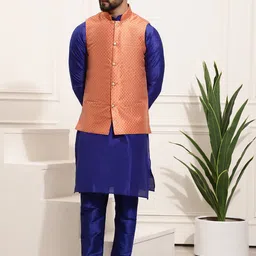 SOJANYA Men Blue & Coral Orange Solid Kurta with Churidar & Nehru Jacket-picture-10