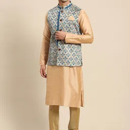 KISAH Men Beige Kurta with Churidar & Nehru Jacket-image-11