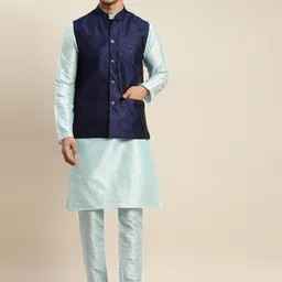 SOJANYA Men Blue Kurta with Churidar & Nehru Jacket-45