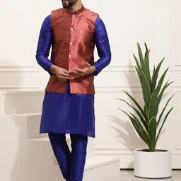 SOJANYA Men Blue & Maroon Self Design Kurta with Churidar & Nehru Jacket-image-94