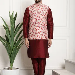 SOJANYA Men Maroon & Beige Self Design Kurta with Churidar & Nehru Jacket-picture-16