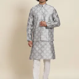 SOJANYA Men Grey Kurta with Pyjamas & Nehru Jacket-picture-10