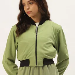 Zastraa Women Green Lightweight Crop Bomber Jacket-image-31