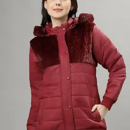 ELLE Self Design Faux Fur Trim Hooded Puffer Jacket-32