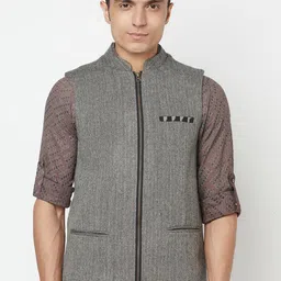 Fabindia Men Grey Woven Design Pure Wool Nehru Jacket-20