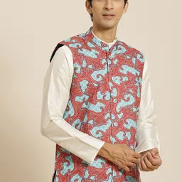 SOJANYA Men Blue & Red Ethnic Motifs Printed Pure Cotton Nehru Jacket-15