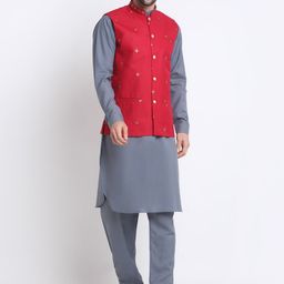 KRAFT INDIA Mandarin Collar Pathani Kurta with Pyjamas & Nehru Jacket-image-54