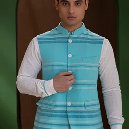 Earthpiece Striped Organic Cotton Nehru Jacket-14