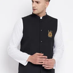 even Men Black Embroidered Woven Nehru Jacket-46