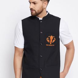 even Men Black Solid Woven Nehru Jacket-8