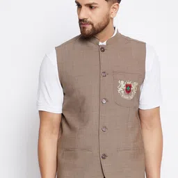 even Men Brown Solid Woven Nehru Jacket-16