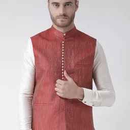 DEYANN Men Red Solid Woven Nehru Jacket-7