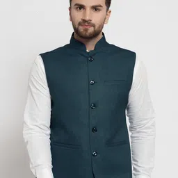 TREEMODA Men Teal-Blue Solid Woven Nehru Jacket-picture-21