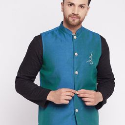 even Men Blue Solid Woven Nehru Jacket-image-35