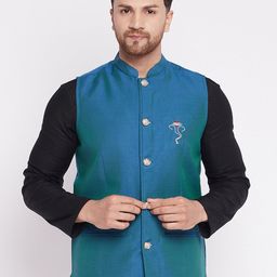 even Men Blue Solid Woven Nehru Jacket With Embroided Insignia Of Lord Ganesha-picture-19