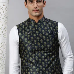 SHOWOFF Men Navy Blue & Beige Ethnic Motifs Printed Woven Nehru Jacket-19