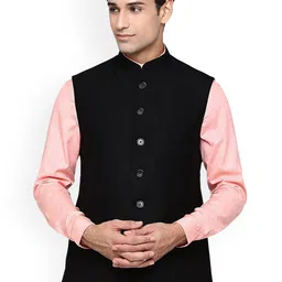 Vastraa Fusion Men Black Solid Woollen Woven Nehru Jacket-16