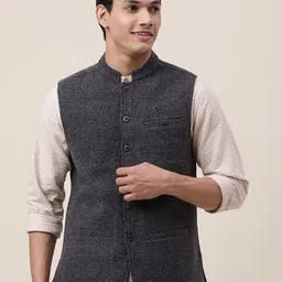 Fabindia Men Grey Woven Design Pure Wool Nehru Jacket-21