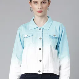 SHOWOFF Blue & White Spread Collar Long Sleeves Ombre Windcheater Denim Jacket-picture-23