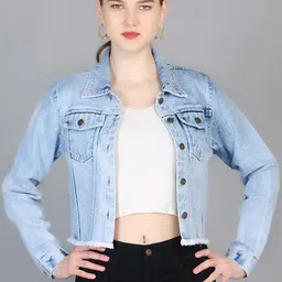 Chemistry Fringed Hem Cotton Denim Crop Jacket-43