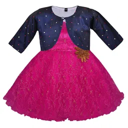 Wish Karo Girls Pink & Blue Self Design Applique Net Dress With Jacket-2