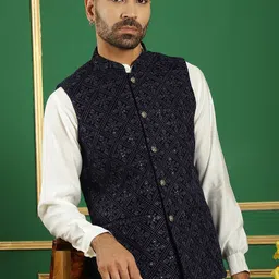 Jompers Embroidered Mandarin Collar Sleeveless Velvet Nehru Jacket-36